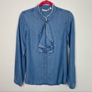 Soft Surroundings Denim Ruffle Button Down Top Size S NWOT